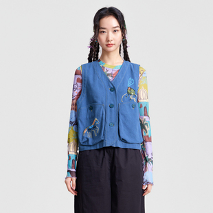 MOVEUP幻走2026春季新款.FUN系列V领绣花口袋工装风短款马夹女