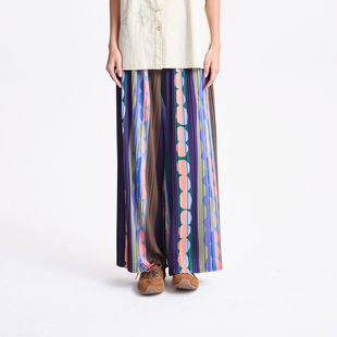 MOVEUP幻走2026春季新款.FUN系列松紧腰印花竖向压褶休闲直筒裤女