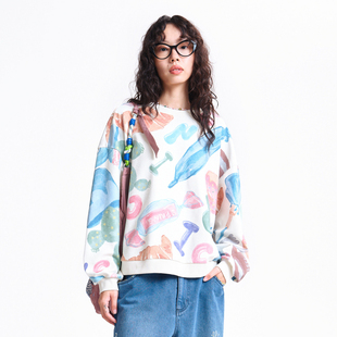 MOVEUP幻走2026春季新款.FUN系列圆领多巴胺印花罗纹短款卫衣女