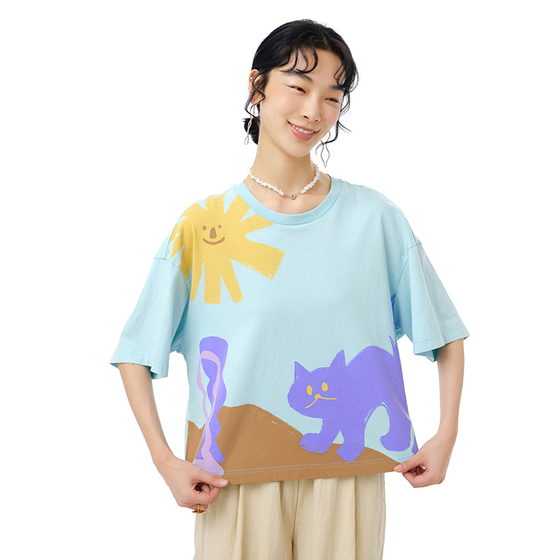 MOVEUP幻走2025夏季新款.FUN系列纯棉圆领多巴胺休闲短款T恤女