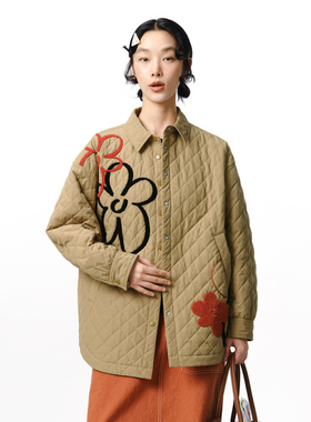 MOVEUP幻走2025秋冬季新款.FUN系列翻领绣花中长款棉衣外套女轻薄