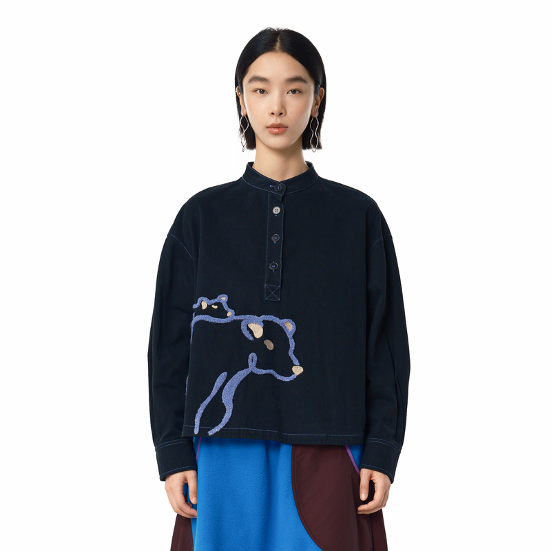 立领 毛巾绣绣花 前短后长