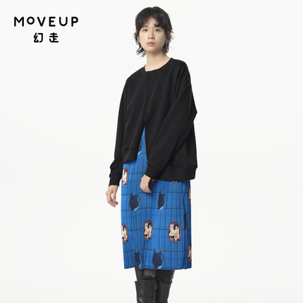 MOVEUP幻走2024冬季新款.FUN系列两件套不对称雪纺印花针织连衣裙