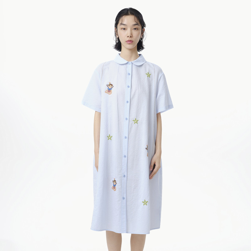 MOVEUP幻走2025夏季新款纯棉泡泡凹凸肌理感绣花休闲衬衫连衣裙女