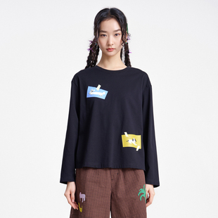 MOVEUP幻走2026春季新款.FUN系列纯棉圆领印花休闲短款长袖T恤女