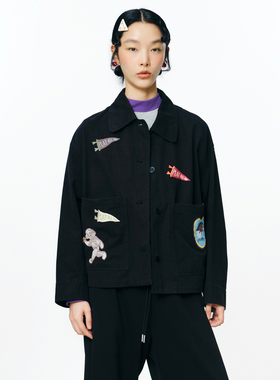 MOVEUP幻走2025秋季新款.FUN系列纯棉大方领贴袋绣花短款外套女