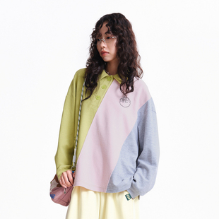 MOVEUP幻走2026春季新款.FUN系列翻领手绘绣花斜三色短款卫衣女