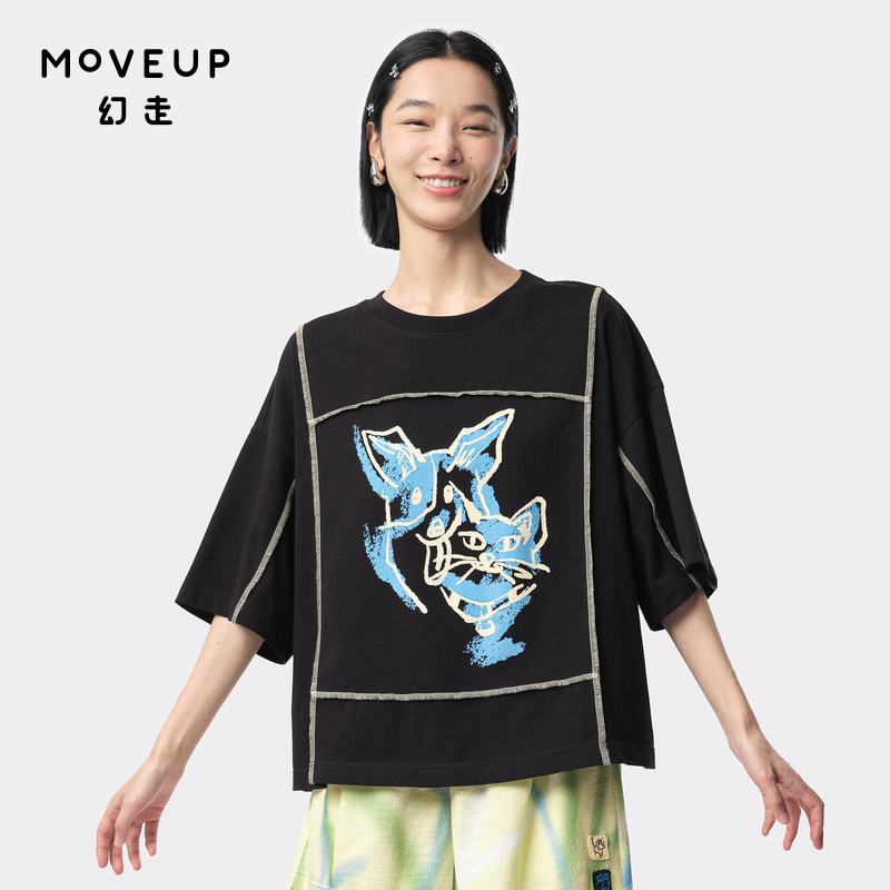MOVEUP幻走2024夏季新款.FUN系列分割猫狗印花设计纯棉短款T恤女