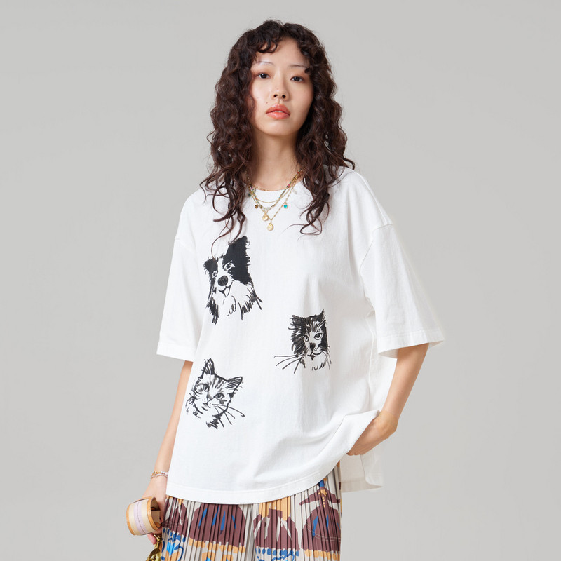 MOVEUP幻走2026夏季新款.FUN系列圆领猫狗印花简约休闲短款T恤女