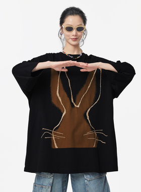 MOVEUP幻走2024秋季新款.FUN系列纯棉圆领印绣设计师中长款T恤女