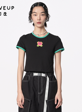 【商场同款】MOVEUP幻走2024夏季新款撞色章仔设计师短款T恤女
