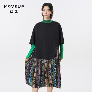 MOVEUP幻走2023秋季新款.FUN系列 圆领印花压褶设计师针织连衣裙