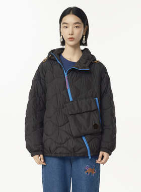 MOVEUP幻走2024冬季新款.FUN系列撞色斜拉链中长款轻薄羽绒服女