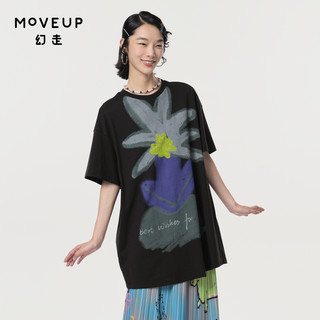 MOVEUP幻走2024春季新款.FUN系列花卉印花设计师纯棉中长款T恤女