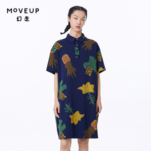 MOVEUP幻走2023夏季新款.FUN系列印花纯棉显瘦短袖针织休闲连衣裙