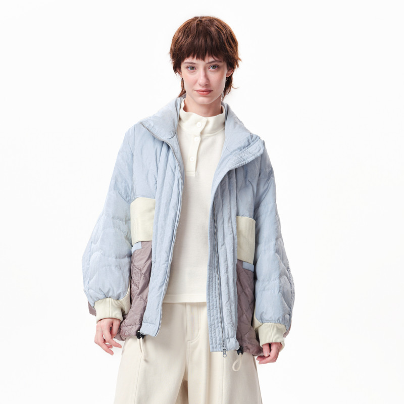 【商场同款】MOVEUP幻走2025冬季新款拉链蝙蝠袖横条短款羽绒服女