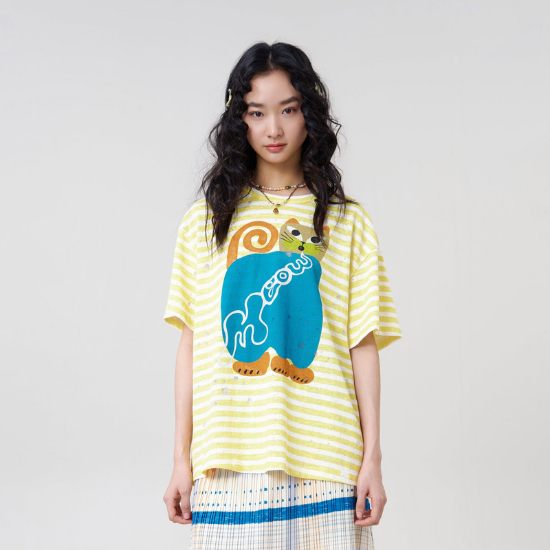 MOVEUP幻走2026夏季新款.FUN系列圆领猫咪印花条纹短袖短款T恤女