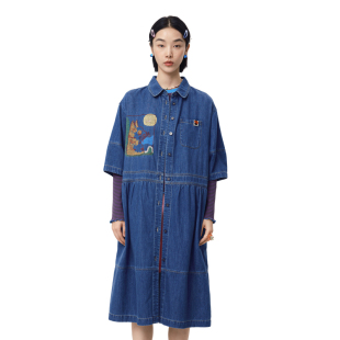 MOVEUP幻走2025春季 .FUN系列分割绣花设计师复古牛仔连衣裙 新款