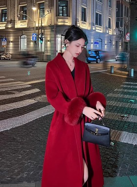 红色2024年新款双面羊毛大衣女高个子长款仿狐狸毛高级感毛呢外套