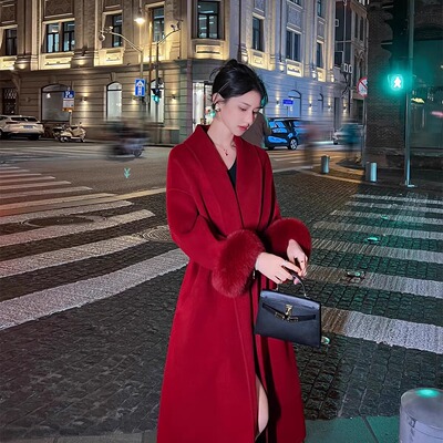 红色双面羊绒大衣2024冬装