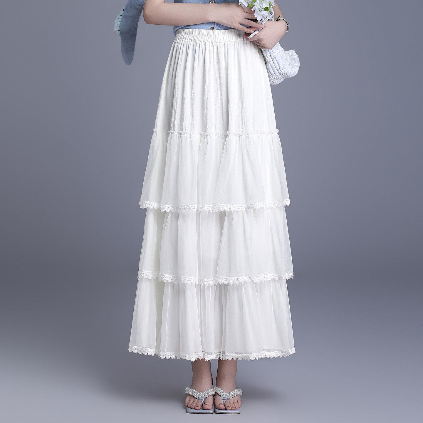 白色蛋糕裙女2026春新款高腰A字裙长裙蕾丝多层大摆仙女风半身裙