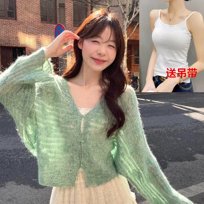 送吊带新款绿色蕾丝镂空针织开衫女春夏外搭毛衣罩衫披肩外套薄款