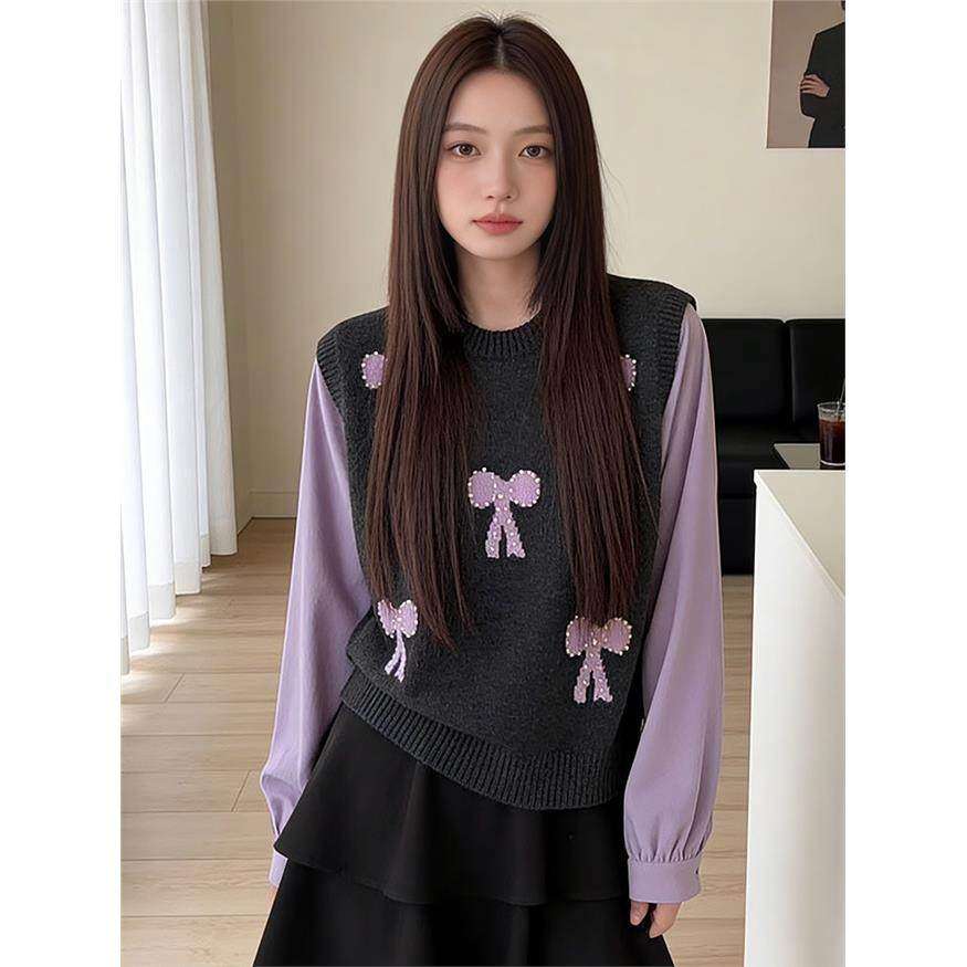 韩版学院风假两件毛衣内搭可外穿春秋女款2026新款宽松针织衫上衣