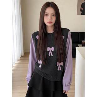 韩版学院风假两件毛衣内搭可外穿春秋女款2026新款宽松针织衫上衣