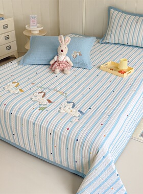 ins风小清新印花贴布绣卡通床盖三件套夹棉绗缝加厚床单1.8可机洗