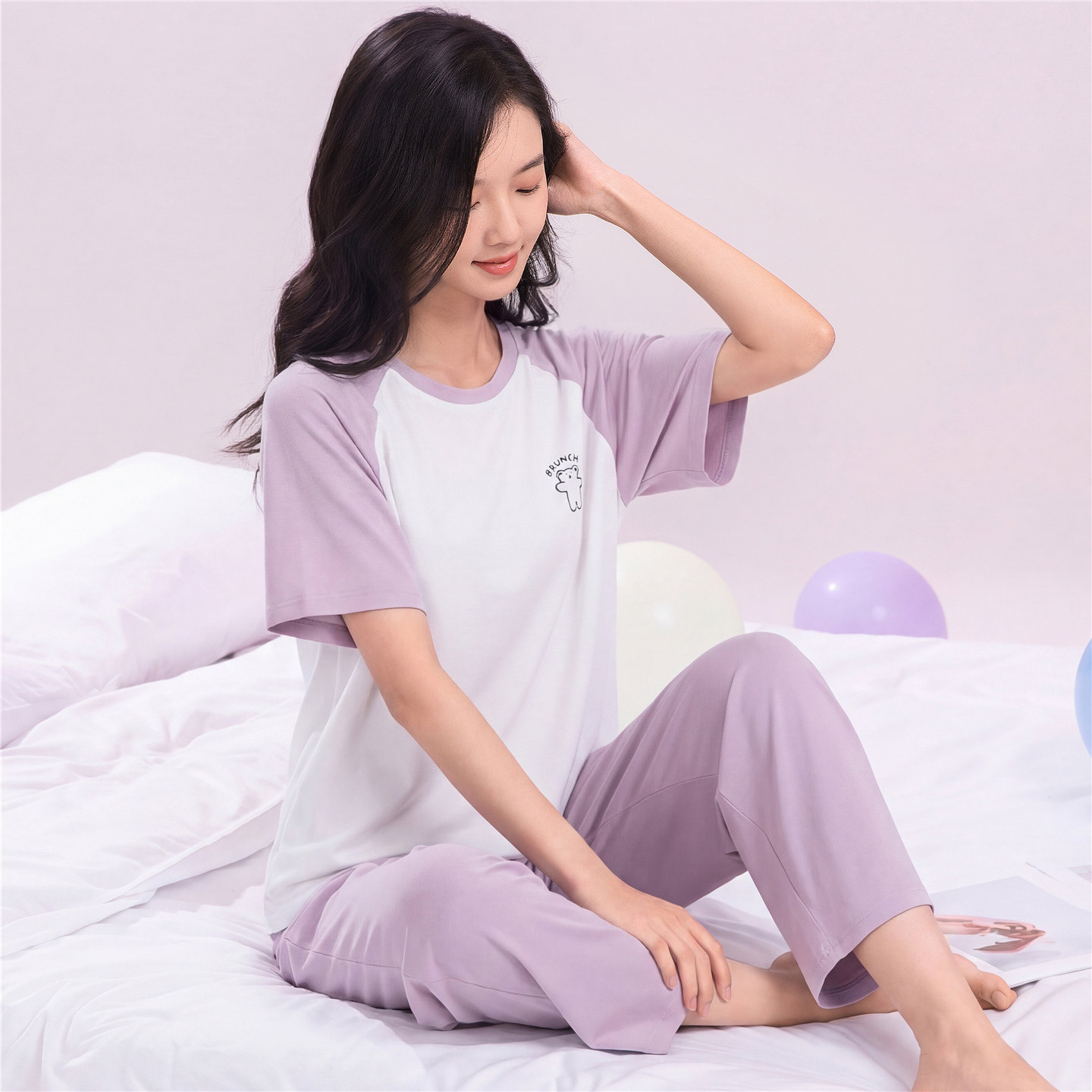 高中少女短袖长裤家居服套装纯棉