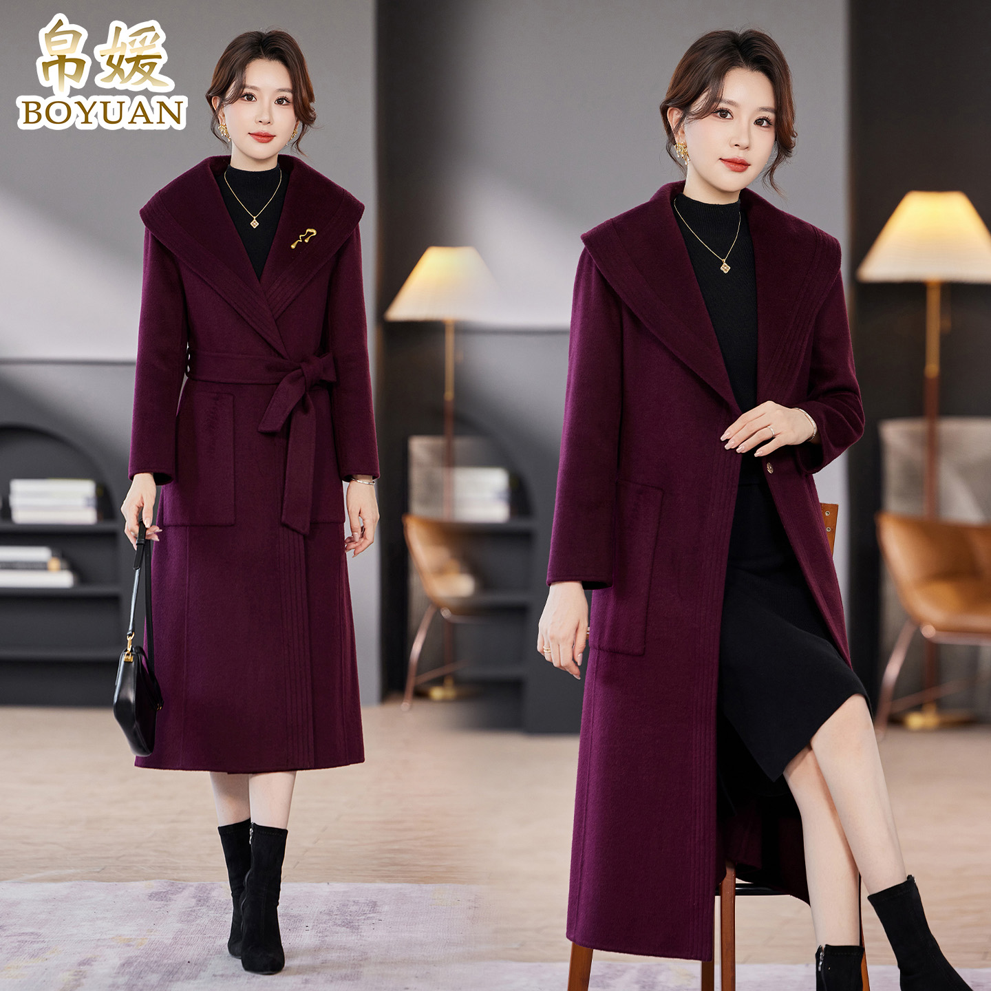 帛媛翻领羊毛呢子大衣女羊绒外套