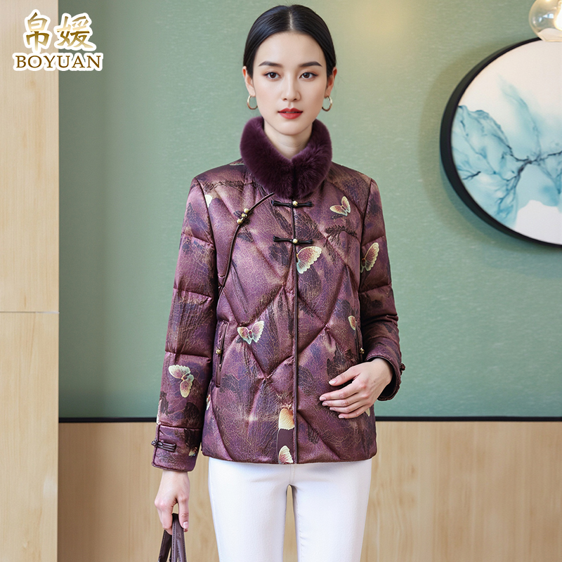 帛媛新中式兔毛羽绒服女短款印花保暖外套洋气修身妈妈装2025新冬