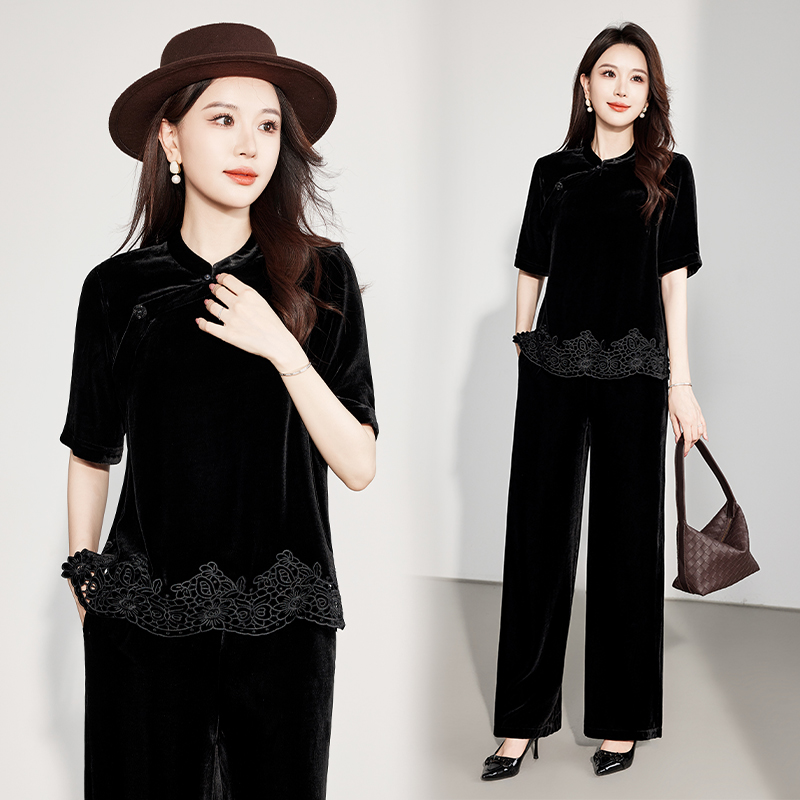 帛媛新中式国风真丝丝绒短袖上衣