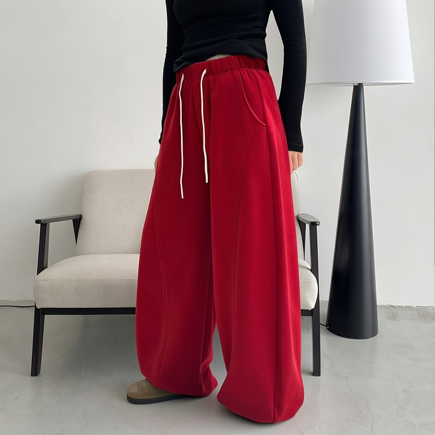 红色羊绒毛呢拖地阔腿裤子女秋冬通勤加绒百搭显瘦解构休闲裤卫裤