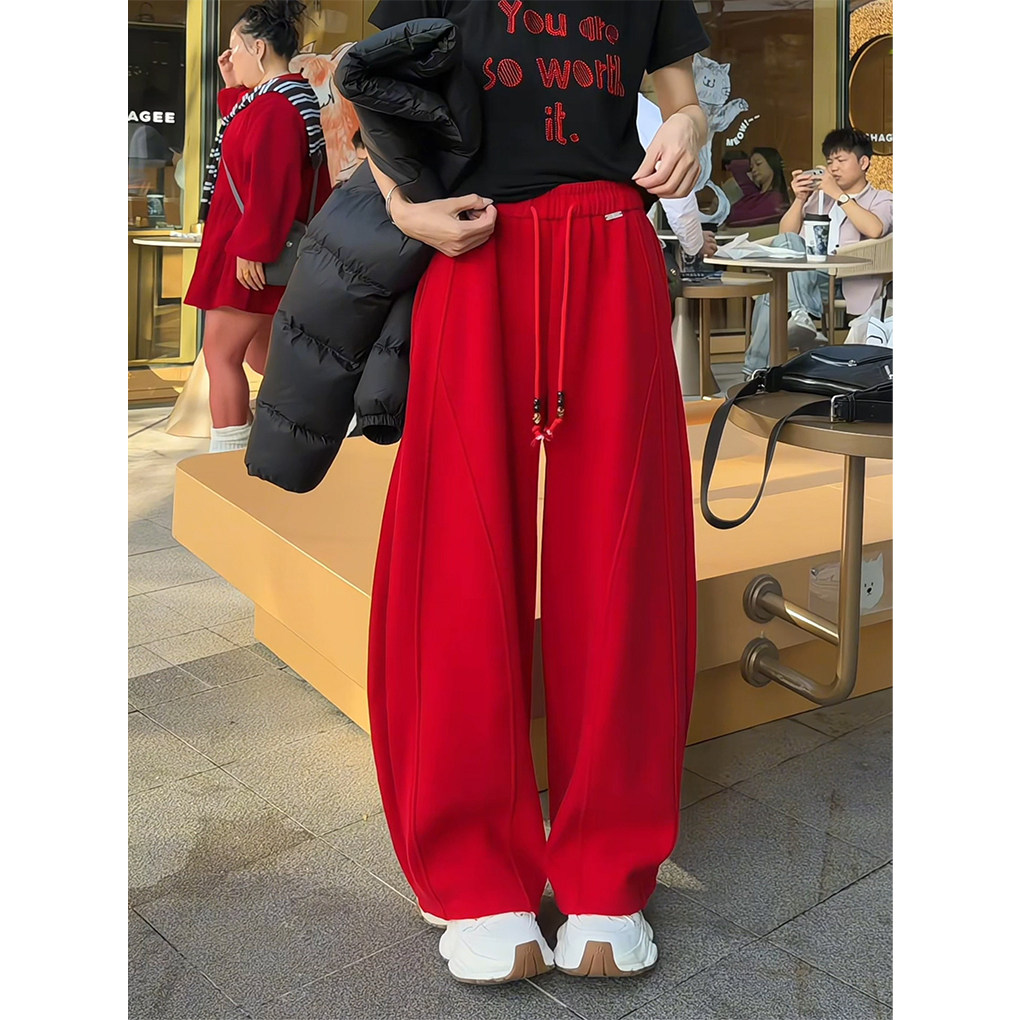 新年红色松紧高腰羊绒毛呢休闲裤女秋冬百搭显瘦宽松阔腿弯刀裤子,女装/女士精品,休闲裤,淘宝优惠券,粉丝福利购,淘宝优惠卷