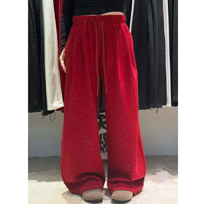 蒂娜满天星细闪羊绒毛呢长裤冬季加绒时尚新年红色撒银拖地休闲裤