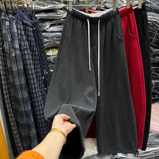 高端欧货秋冬松紧腰抽绳加绒解构弯刀裤 子 女休闲直筒阔腿2穿卫裤