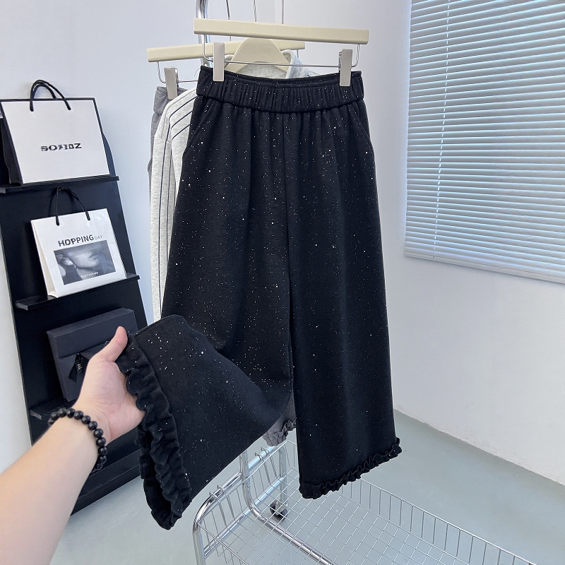 秋冬满天星撒银木耳边休闲裤女韩系时尚加绒山羊绒毛呢九分阔腿裤