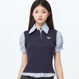 韩系学院风格子衬衫短袖T恤女夏季修身短款刺绣假两件上衣小个子