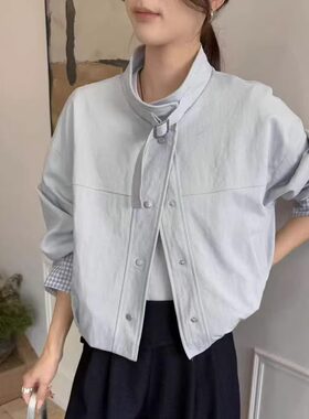 韩系巨百搭~翻领宽松简约外套女春秋季格子袖口高端立领夹克上衣