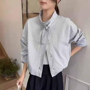 韩系巨百搭~翻领宽松简约外套女春秋季格子袖口高端立领夹克上衣
