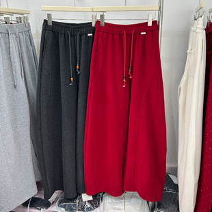 解构拼接松紧腰宽松阔腿弯刀裤女秋冬加绒加厚百搭毛呢休闲长裤子