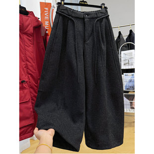 高级感加绒加厚羊绒毛呢休闲裤女冬季后松紧高腰弯刀九分奶奶裤子