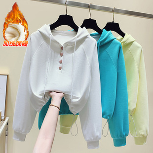 春秋连帽卫衣女加绒韩版休闲下摆抽绳短款宽松外套小个子上衣ins