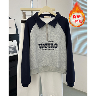 重工刺绣花半拉链翻领加绒卫衣女秋冬拼色插肩短款纯棉上衣155cm