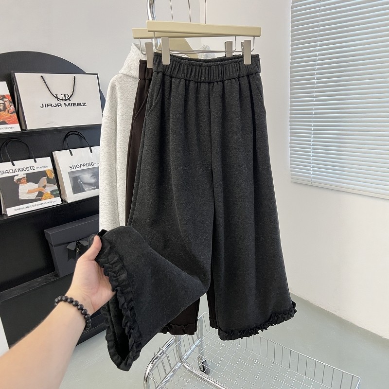 灰色木耳花边阔腿裤女秋冬新款慵懒 直筒加绒九分休闲裤子小个子,女装/女士精品,休闲裤,淘宝优惠券,粉丝福利购,淘宝优惠卷