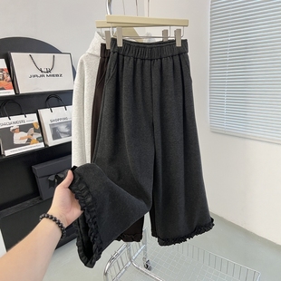 灰色木耳花边阔腿裤女秋冬新款慵懒 直筒加绒九分休闲裤子小个子