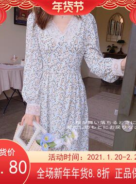 现货！法式田园拼接V领收腰碎花连衣裙1222