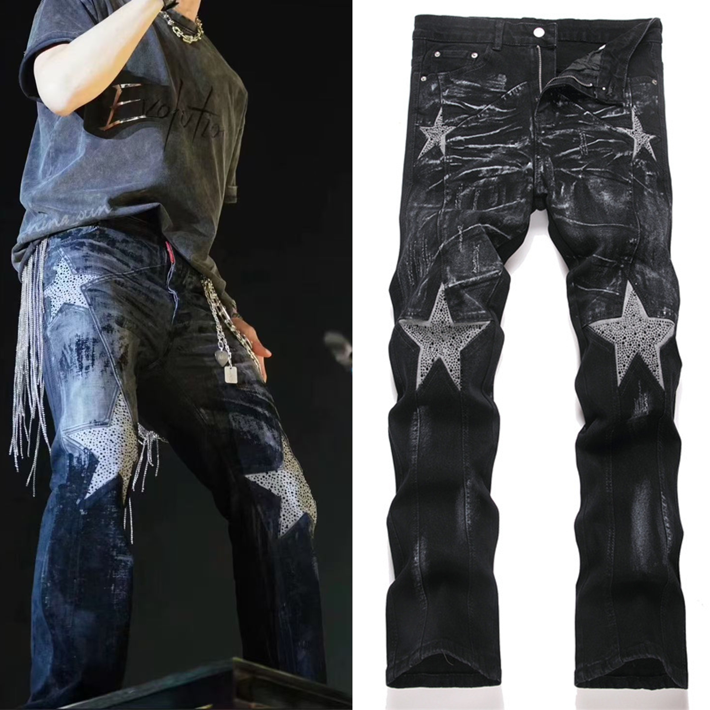 谢霆锋香港演唱会同款牛仔裤男五角星时尚休闲裤子秋季微喇叭烫钻