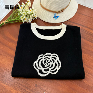 【羊毛桑蚕丝】春夏新款山茶花圆领薄针织衫T恤短袖洋气679